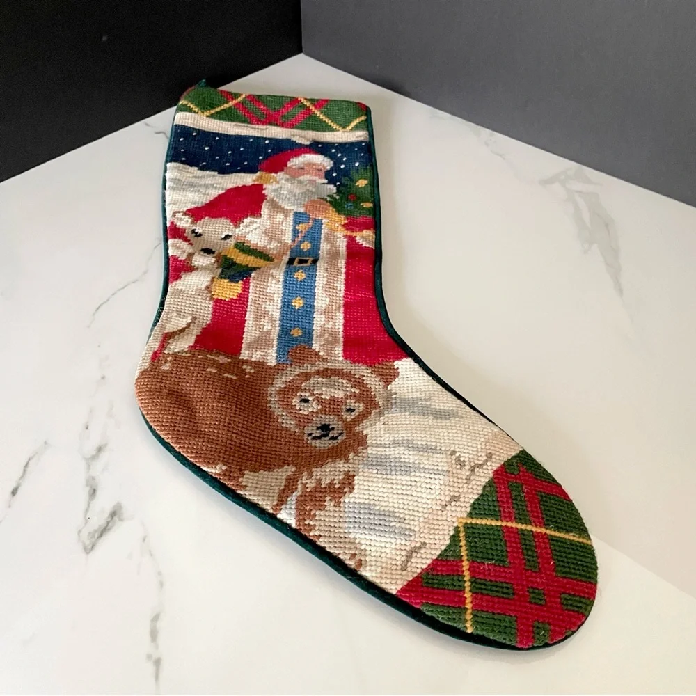 Santa with Animals & Starry Sky Holiday Needlepoint Stocking